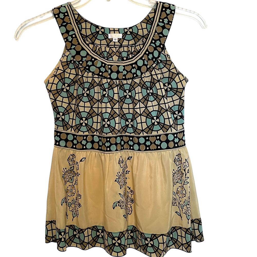 Anna Sui Stained Glass & Floral Tank Womens Small Y2K Black Cream Teal Silk Top